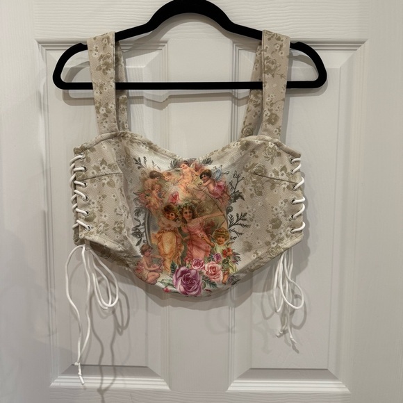 SHEIN Tops - Corset Inspired Cropped Lace-Up Top with a Design Featuring Angels NWOT